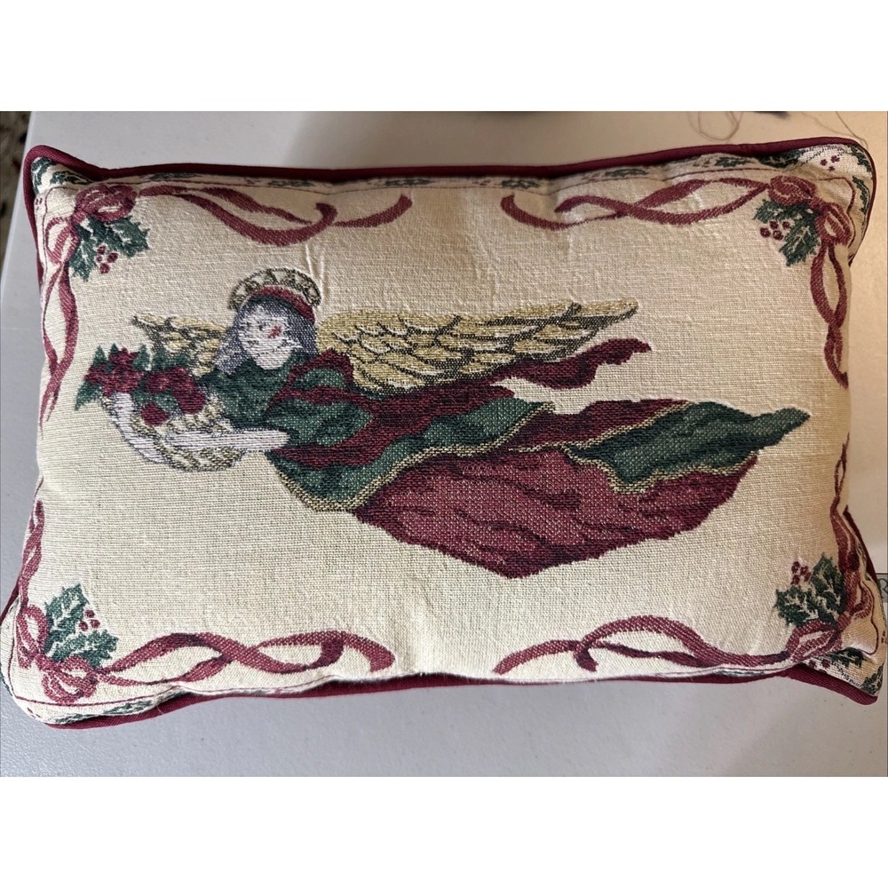 Vtg Riverdale Angel Tapestry Throw Pillow Christmas Holiday Made in USA 16x11
